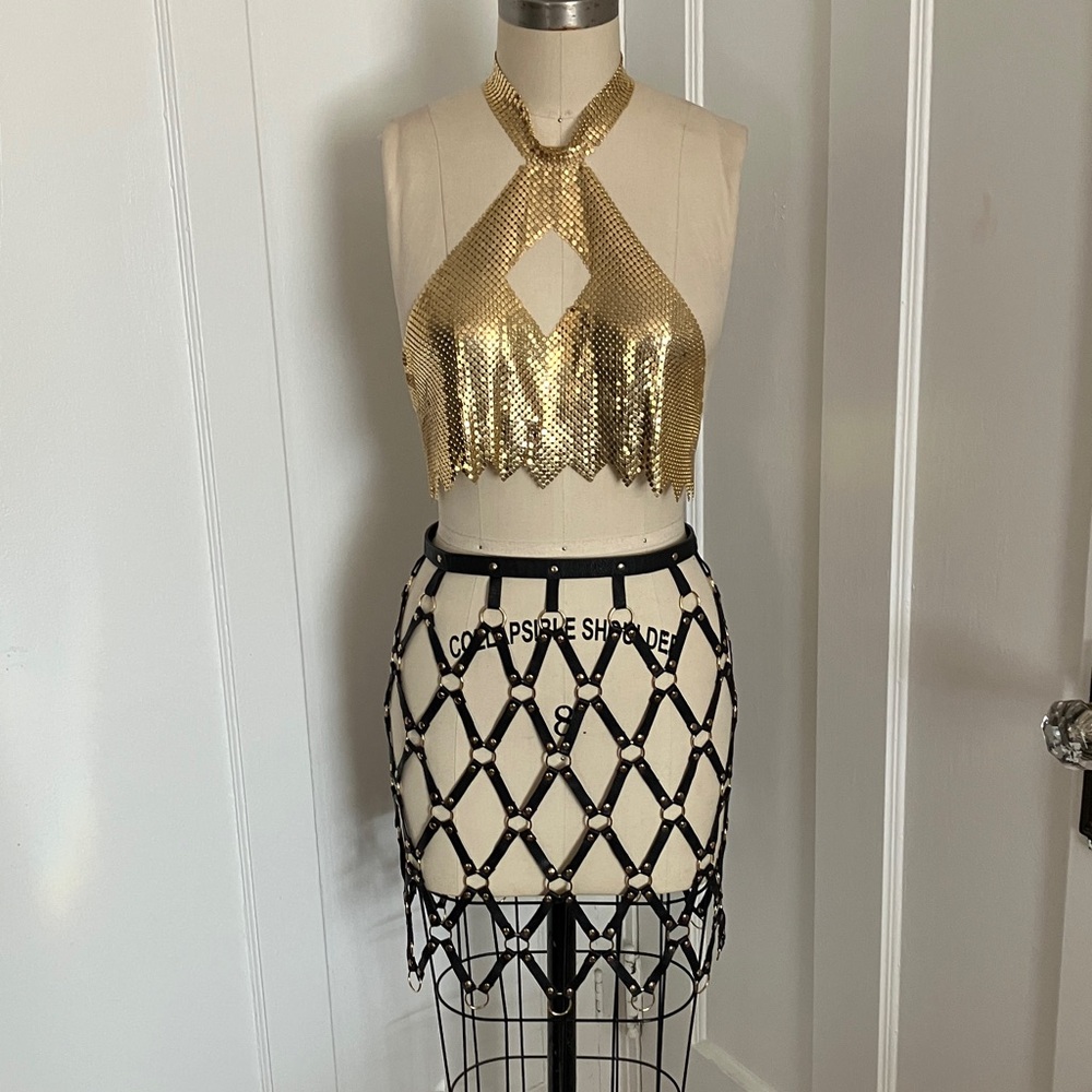Gold Halter⛓️‍💥 Top with Black Faux Leather Skirt Overlay